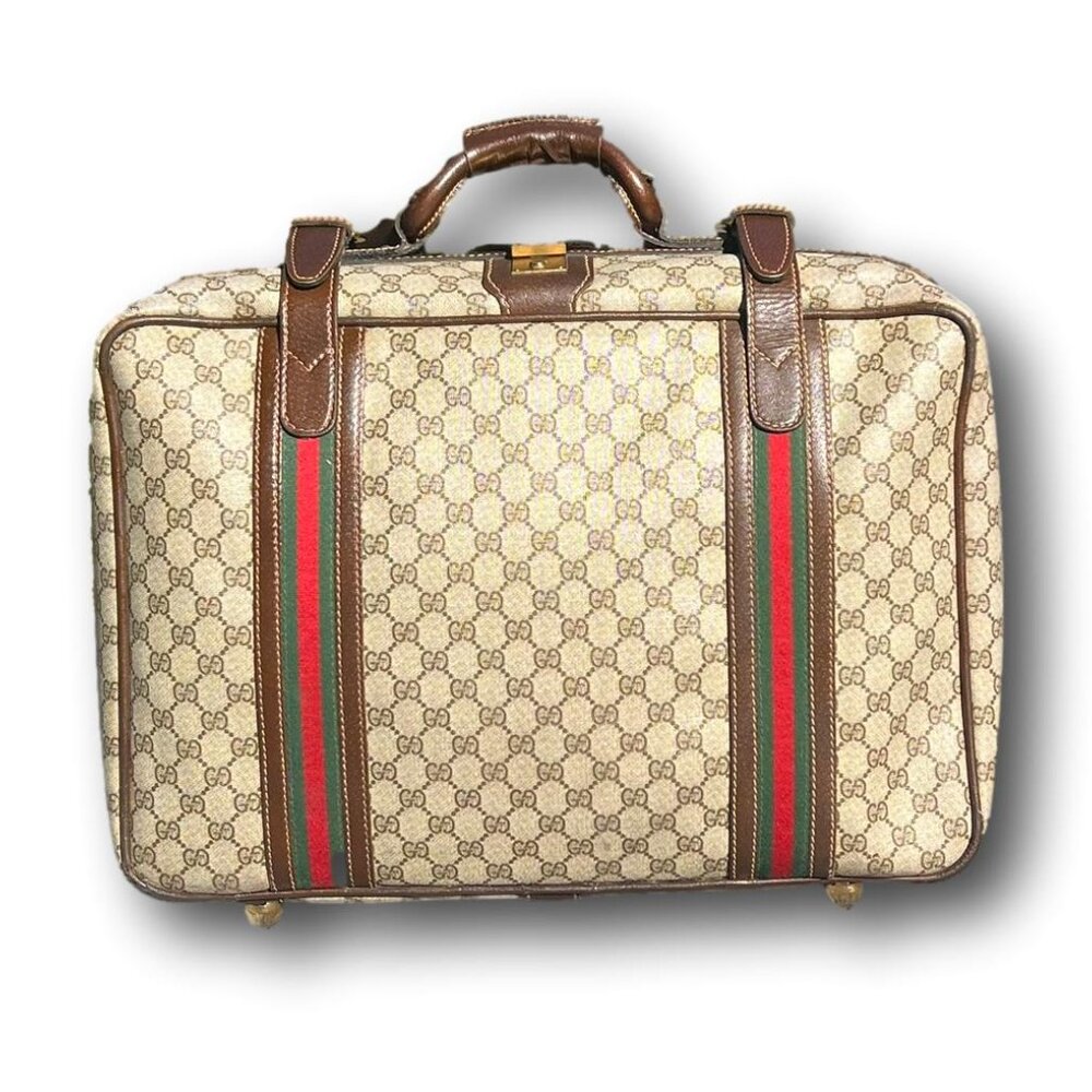 Vintage Gucci GG Supreme Suitcase Monogram Canvas & Leather Travel Bag Lock Keys